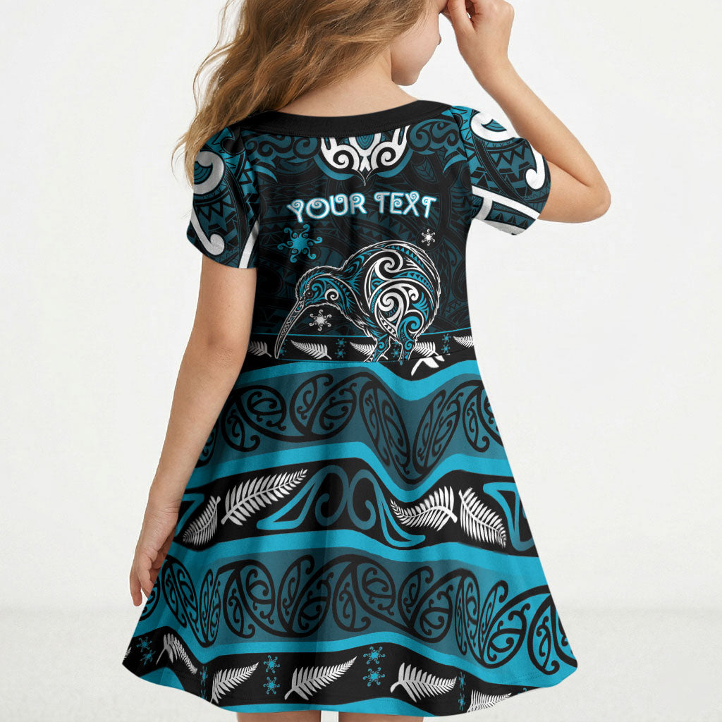 Personalised Ngati Porou Aotearoa Meri Kirihimete Kid Short Sleeve Dress Maori Kiwi Bird Silver Fern Koru Pattern