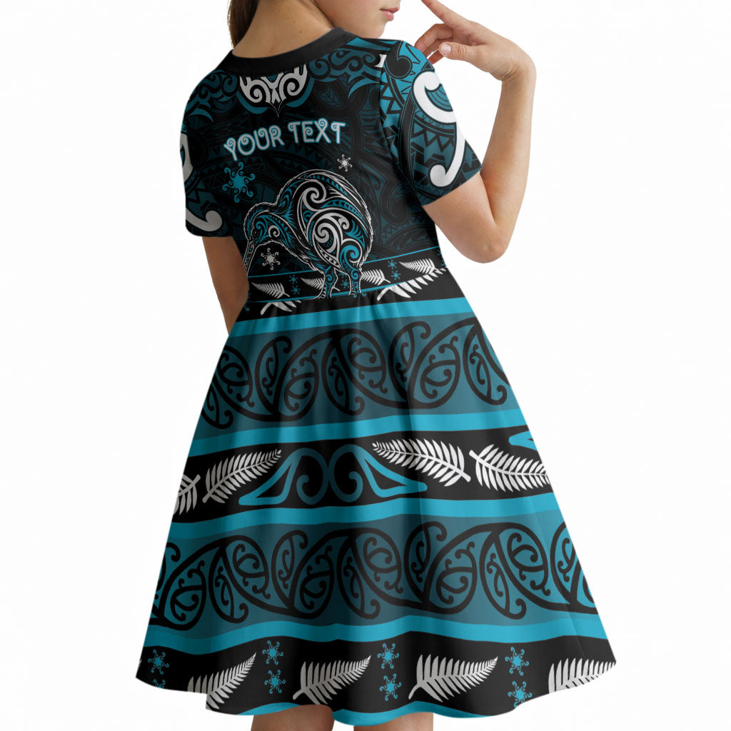 Personalised Ngati Porou Aotearoa Meri Kirihimete Kid Short Sleeve Dress Maori Kiwi Bird Silver Fern Koru Pattern