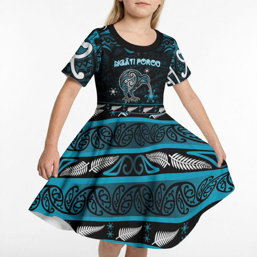 Personalised Ngati Porou Aotearoa Meri Kirihimete Kid Short Sleeve Dress Maori Kiwi Bird Silver Fern Koru Pattern