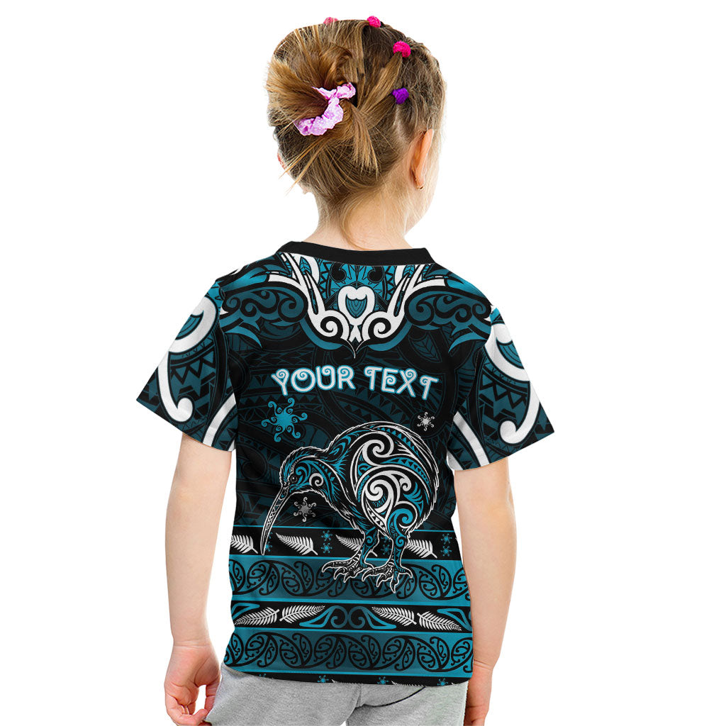 Personalised Ngati Porou Aotearoa Meri Kirihimete Kid T Shirt Maori Kiwi Bird Silver Fern Koru Pattern