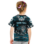 Personalised Ngati Porou Aotearoa Meri Kirihimete Kid T Shirt Maori Kiwi Bird Silver Fern Koru Pattern