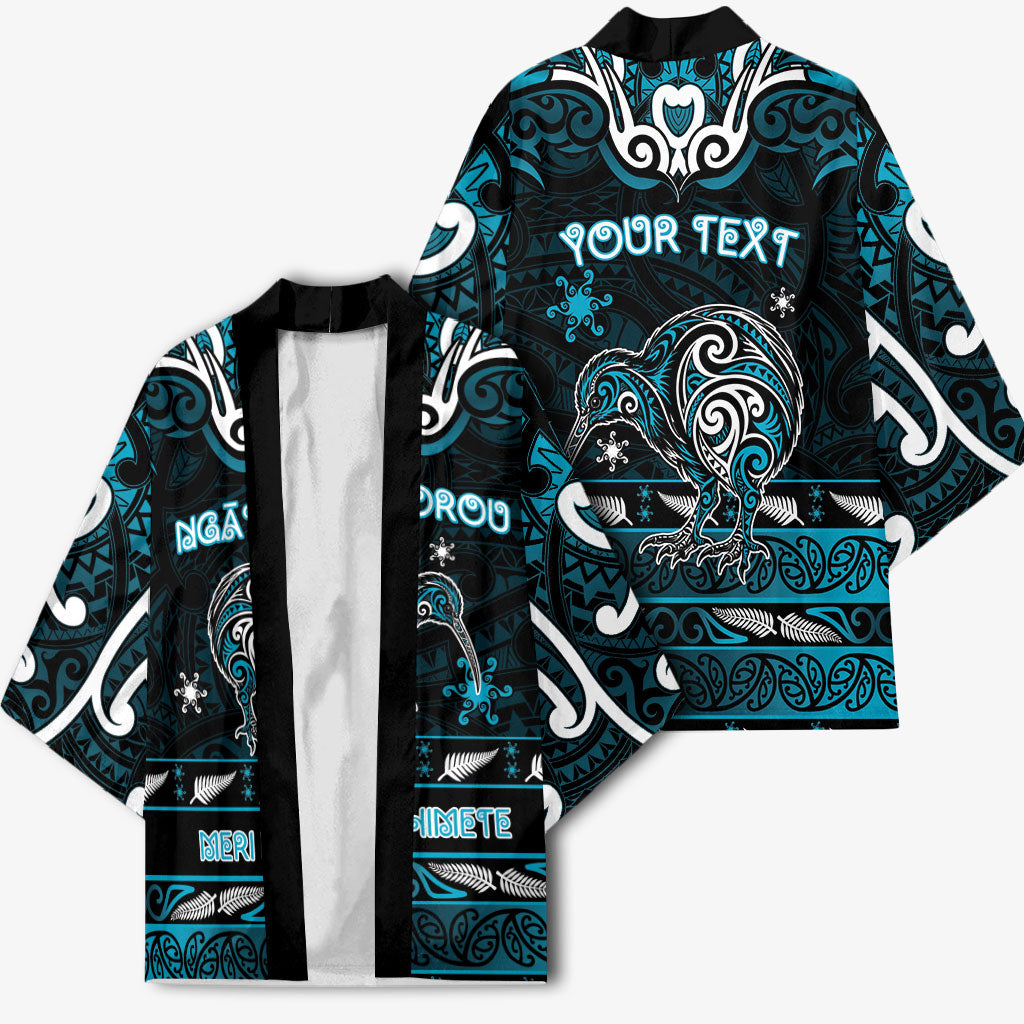 Personalised Ngati Porou Aotearoa Meri Kirihimete Kimono Maori Kiwi Bird Silver Fern Koru Pattern