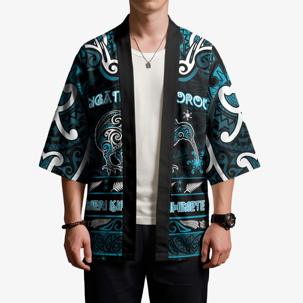 Personalised Ngati Porou Aotearoa Meri Kirihimete Kimono Maori Kiwi Bird Silver Fern Koru Pattern