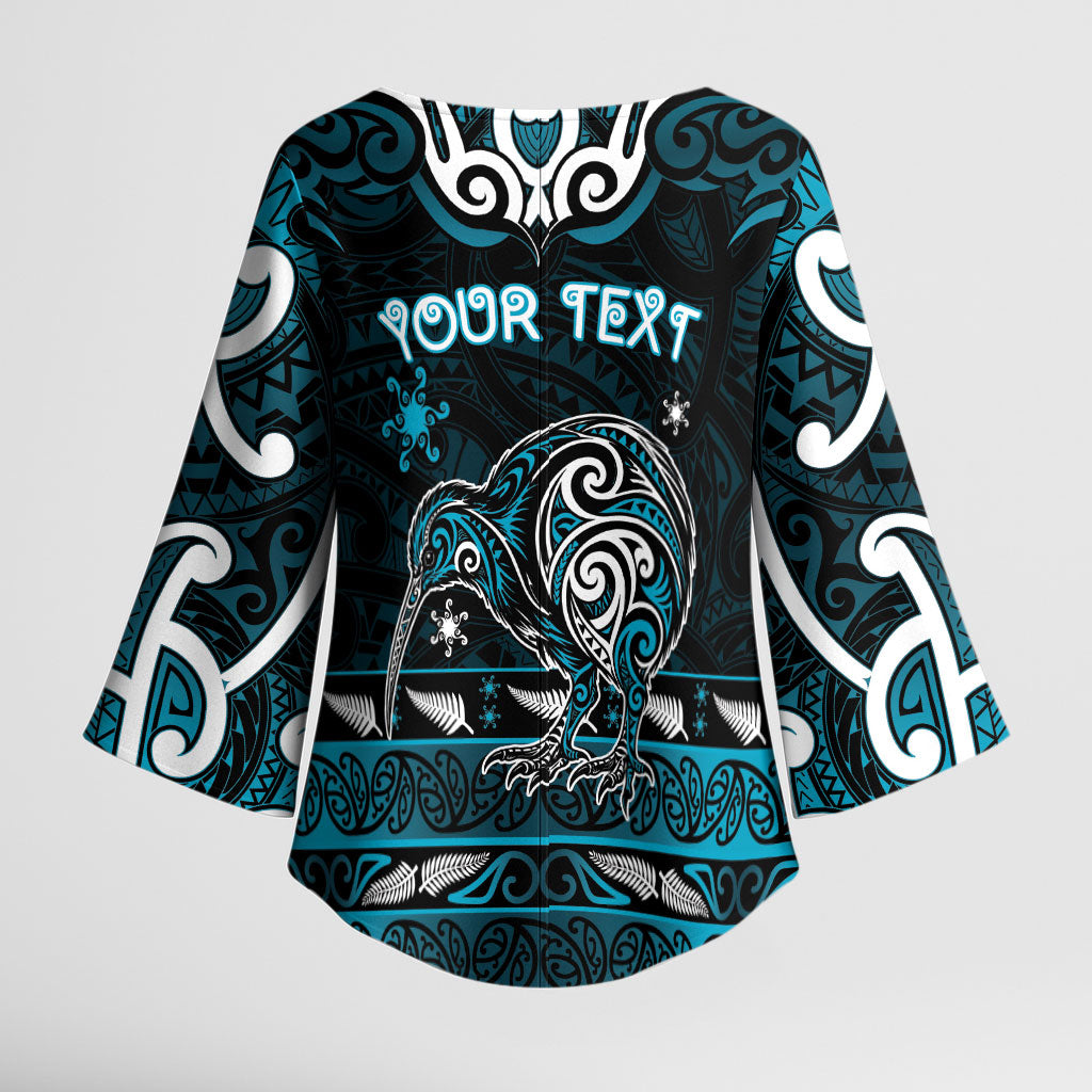 Personalised Ngati Porou Aotearoa Meri Kirihimete Kimono Sleeve Blouse Maori Kiwi Bird Silver Fern Koru Pattern