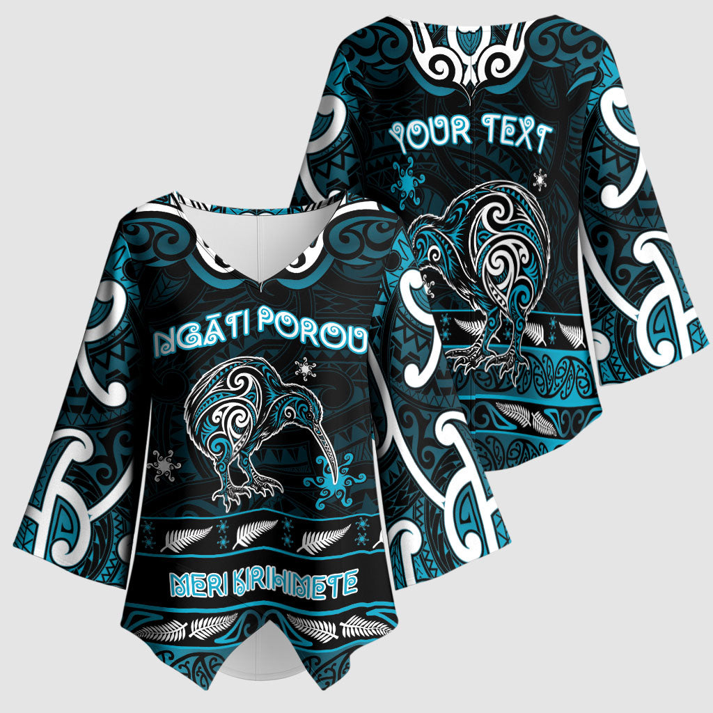 Personalised Ngati Porou Aotearoa Meri Kirihimete Kimono Sleeve Blouse Maori Kiwi Bird Silver Fern Koru Pattern