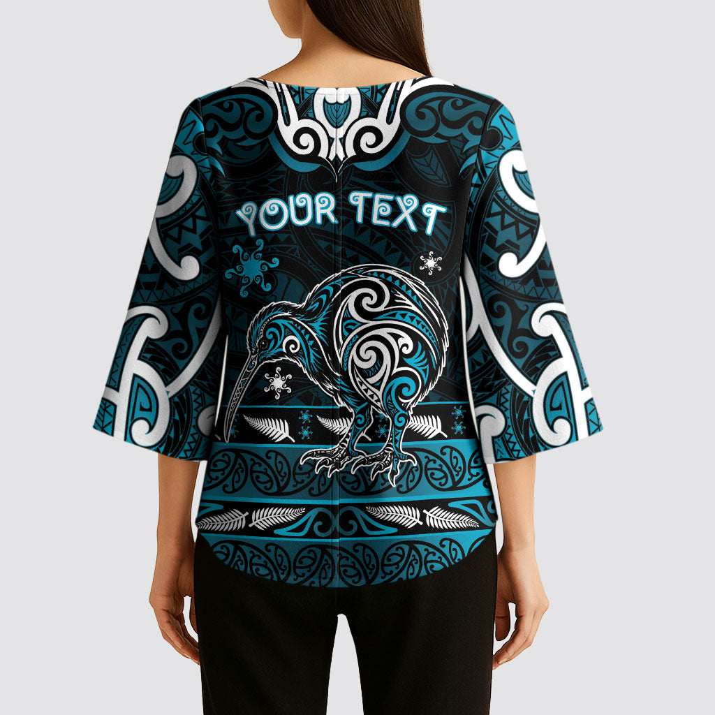 Personalised Ngati Porou Aotearoa Meri Kirihimete Kimono Sleeve Blouse Maori Kiwi Bird Silver Fern Koru Pattern