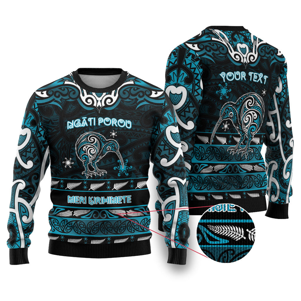 Personalised Ngati Porou Aotearoa Meri Kirihimete Ugly Christmas Sweater Maori Kiwi Bird Silver Fern Koru Pattern
