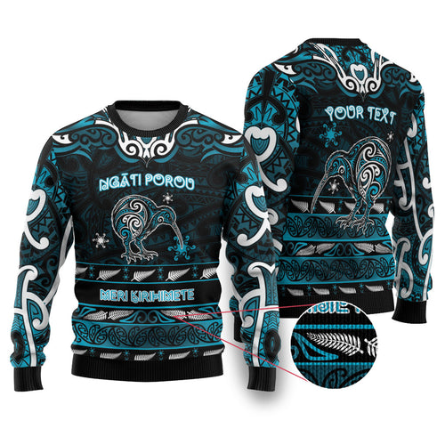 Personalised Ngati Porou Aotearoa Meri Kirihimete Ugly Christmas Sweater Maori Kiwi Bird Silver Fern Koru Pattern