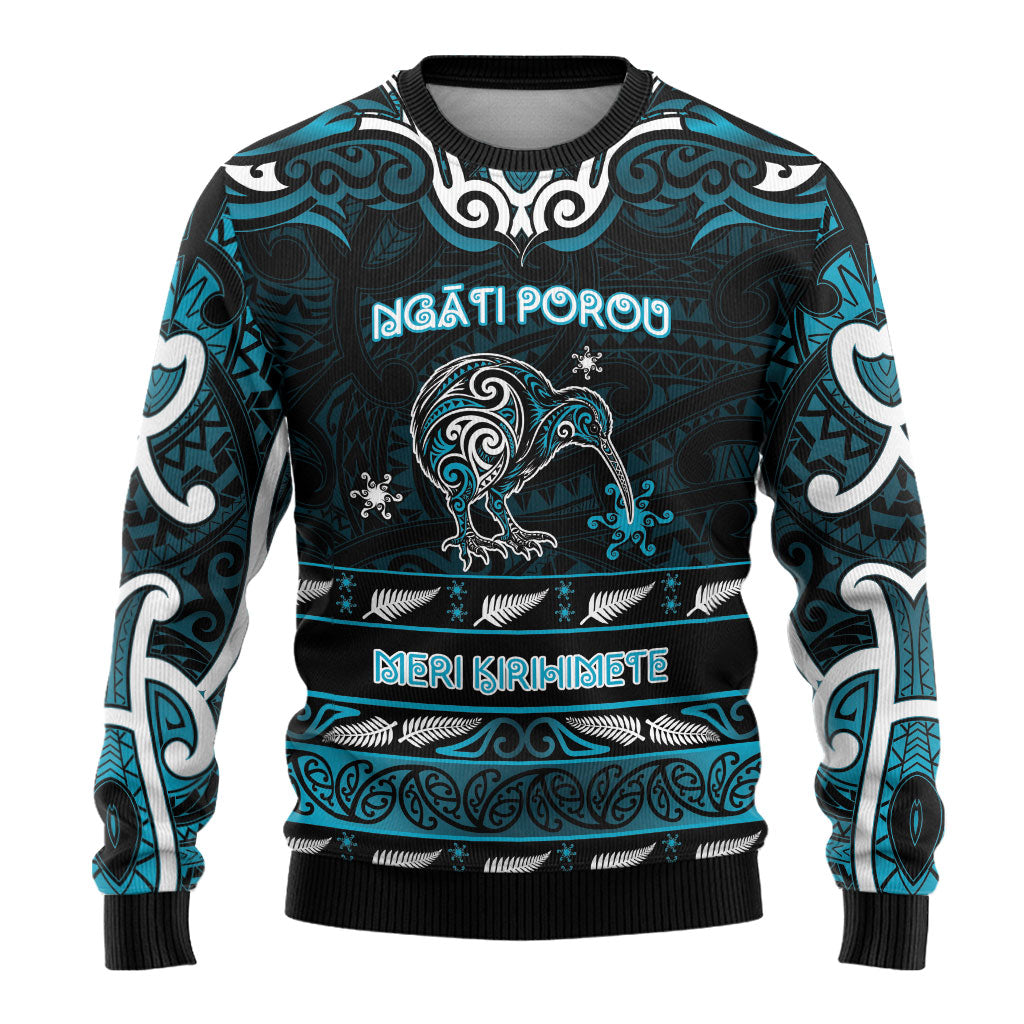 Personalised Ngati Porou Aotearoa Meri Kirihimete Ugly Christmas Sweater Maori Kiwi Bird Silver Fern Koru Pattern