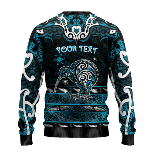Personalised Ngati Porou Aotearoa Meri Kirihimete Ugly Christmas Sweater Maori Kiwi Bird Silver Fern Koru Pattern