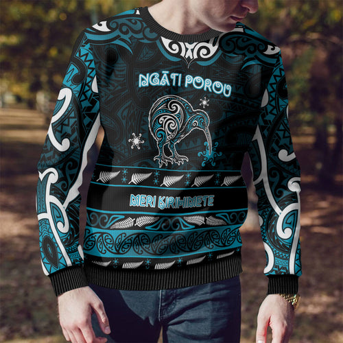Personalised Ngati Porou Aotearoa Meri Kirihimete Ugly Christmas Sweater Maori Kiwi Bird Silver Fern Koru Pattern