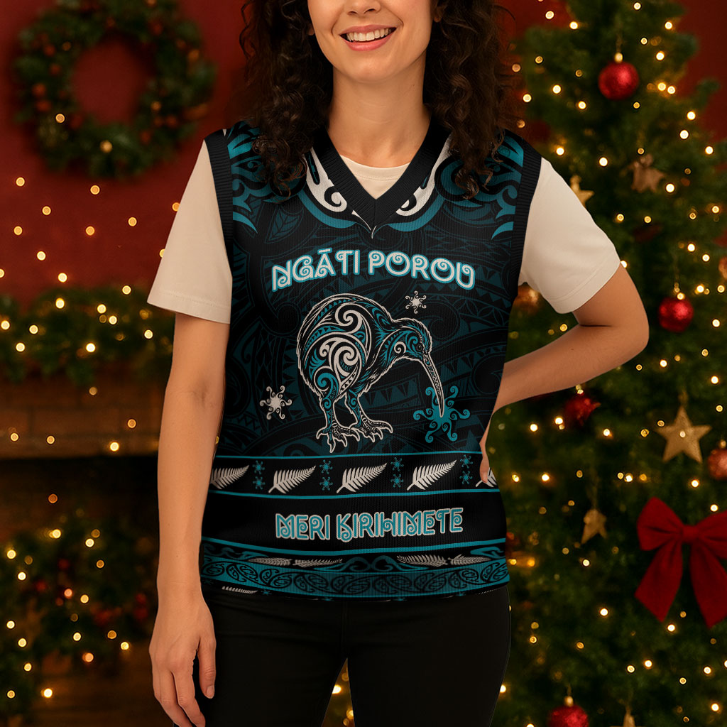 Personalised Ngati Porou Aotearoa Meri Kirihimete Christmas Knitted V-Neck Vest Maori Kiwi Bird Silver Fern Koru Pattern