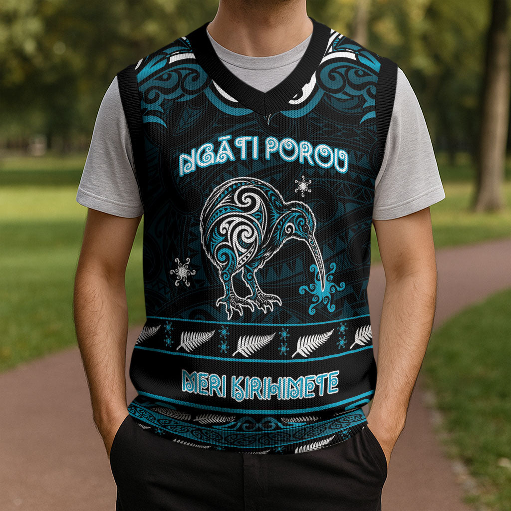 Personalised Ngati Porou Aotearoa Meri Kirihimete Christmas Knitted V-Neck Vest Maori Kiwi Bird Silver Fern Koru Pattern