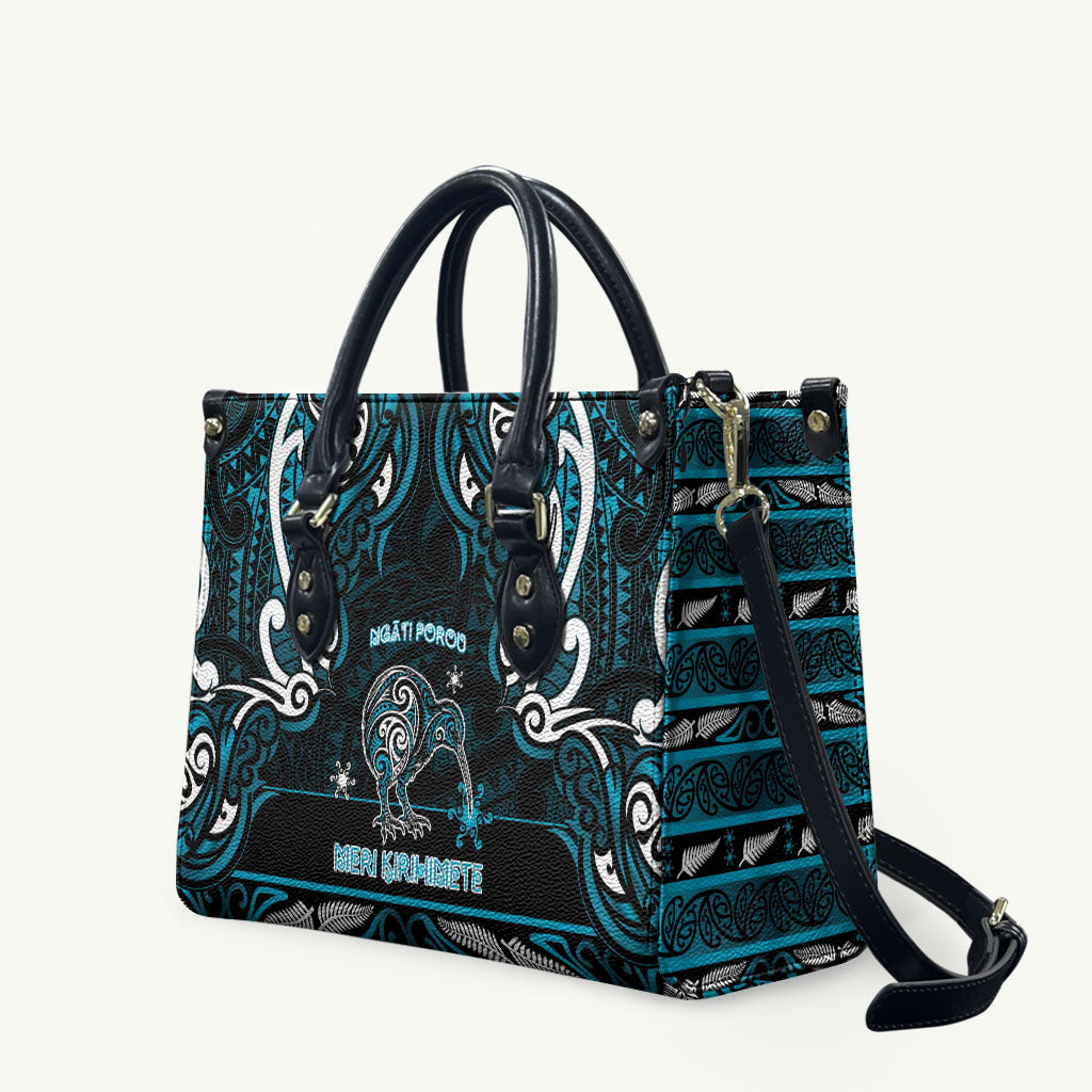 Ngati Porou Aotearoa Meri Kirihimete Leather Bag Maori Kiwi Bird Silver Fern Koru Pattern