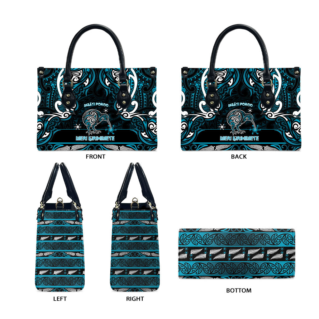 Ngati Porou Aotearoa Meri Kirihimete Leather Bag Maori Kiwi Bird Silver Fern Koru Pattern