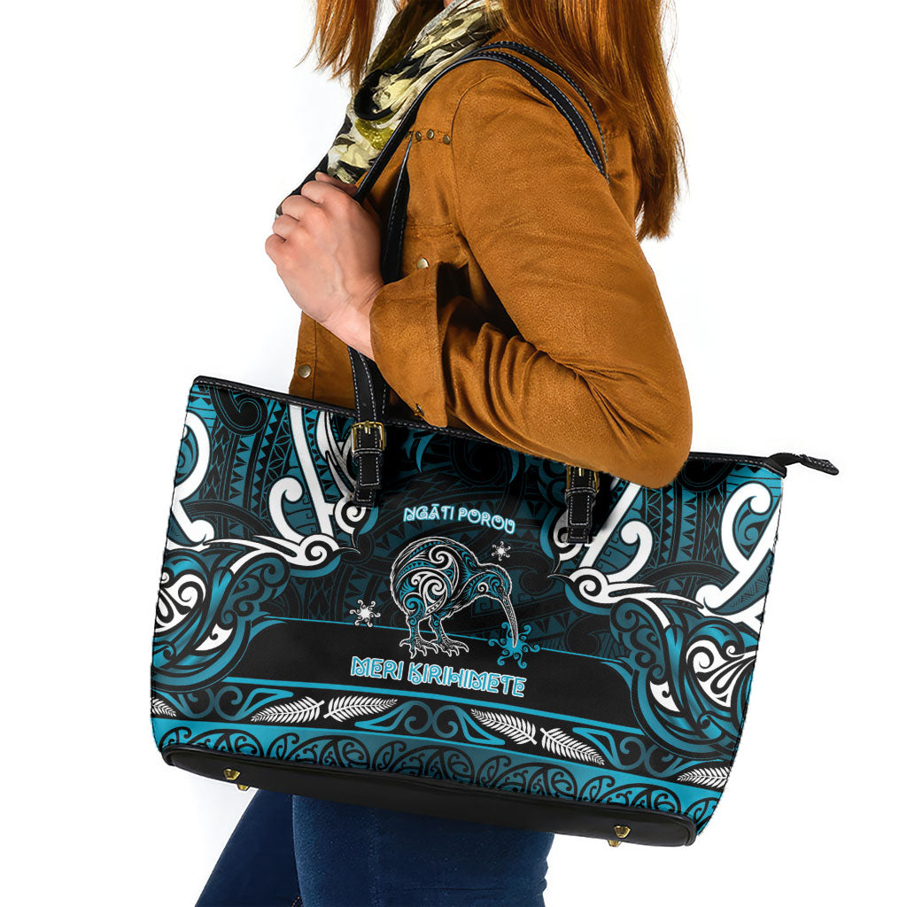 Ngati Porou Aotearoa Meri Kirihimete Leather Tote Bag Maori Kiwi Bird Silver Fern Koru Pattern