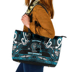 Ngati Porou Aotearoa Meri Kirihimete Leather Tote Bag Maori Kiwi Bird Silver Fern Koru Pattern