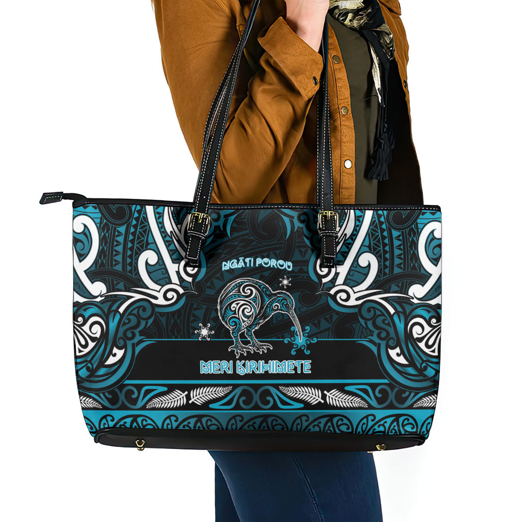 Ngati Porou Aotearoa Meri Kirihimete Leather Tote Bag Maori Kiwi Bird Silver Fern Koru Pattern