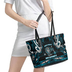 Ngati Porou Aotearoa Meri Kirihimete Leather Tote Bag Maori Kiwi Bird Silver Fern Koru Pattern