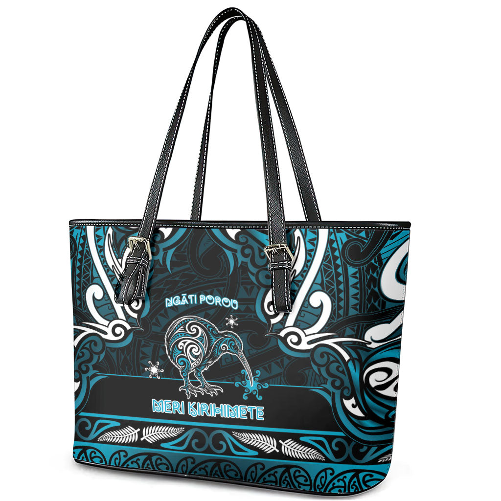 Ngati Porou Aotearoa Meri Kirihimete Leather Tote Bag Maori Kiwi Bird Silver Fern Koru Pattern