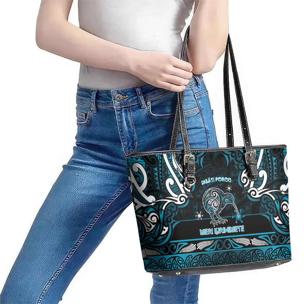 Ngati Porou Aotearoa Meri Kirihimete Leather Tote Bag Maori Kiwi Bird Silver Fern Koru Pattern
