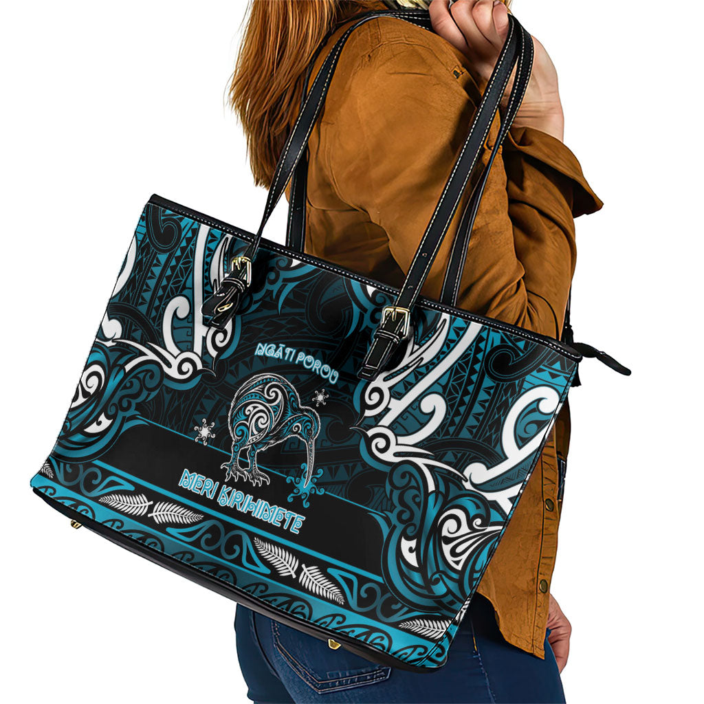 Ngati Porou Aotearoa Meri Kirihimete Leather Tote Bag Maori Kiwi Bird Silver Fern Koru Pattern
