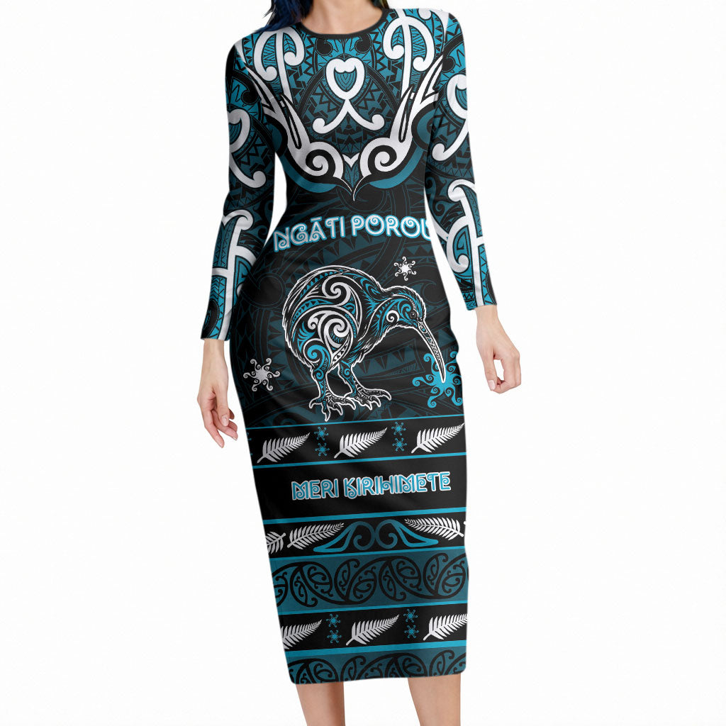 Personalised Ngati Porou Aotearoa Meri Kirihimete Long Sleeve Bodycon Dress Maori Kiwi Bird Silver Fern Koru Pattern