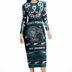 Personalised Ngati Porou Aotearoa Meri Kirihimete Long Sleeve Bodycon Dress Maori Kiwi Bird Silver Fern Koru Pattern