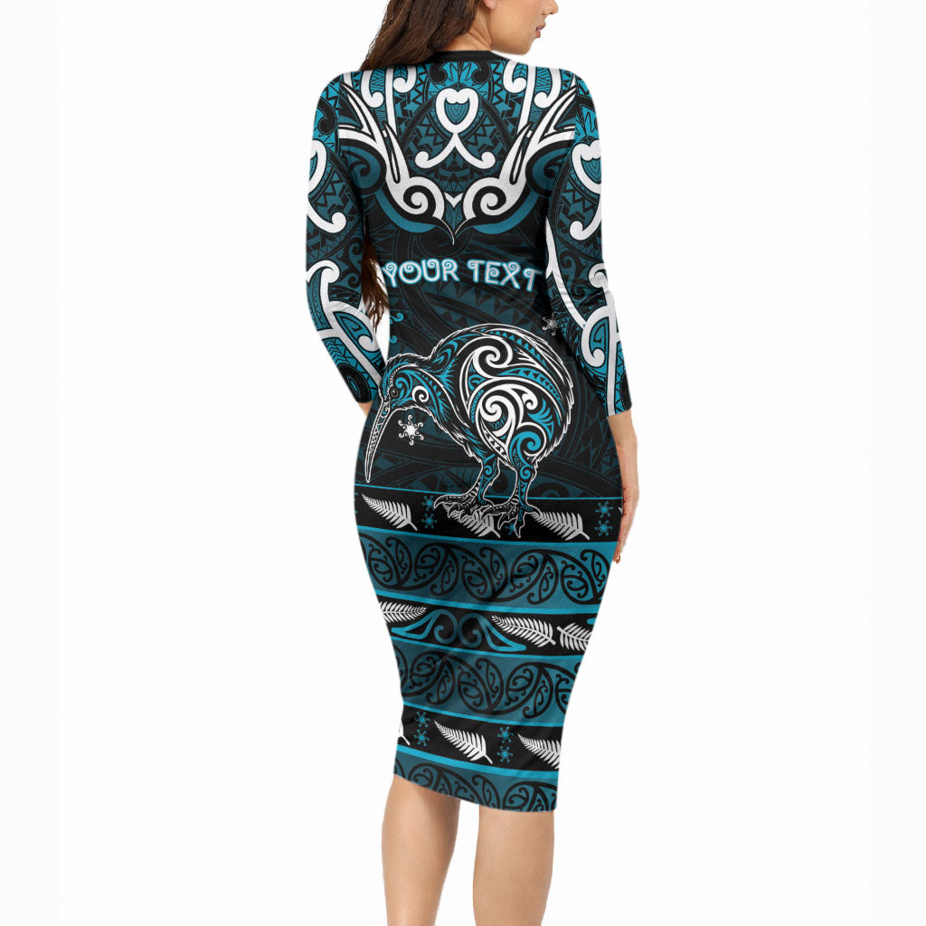 Personalised Ngati Porou Aotearoa Meri Kirihimete Long Sleeve Bodycon Dress Maori Kiwi Bird Silver Fern Koru Pattern