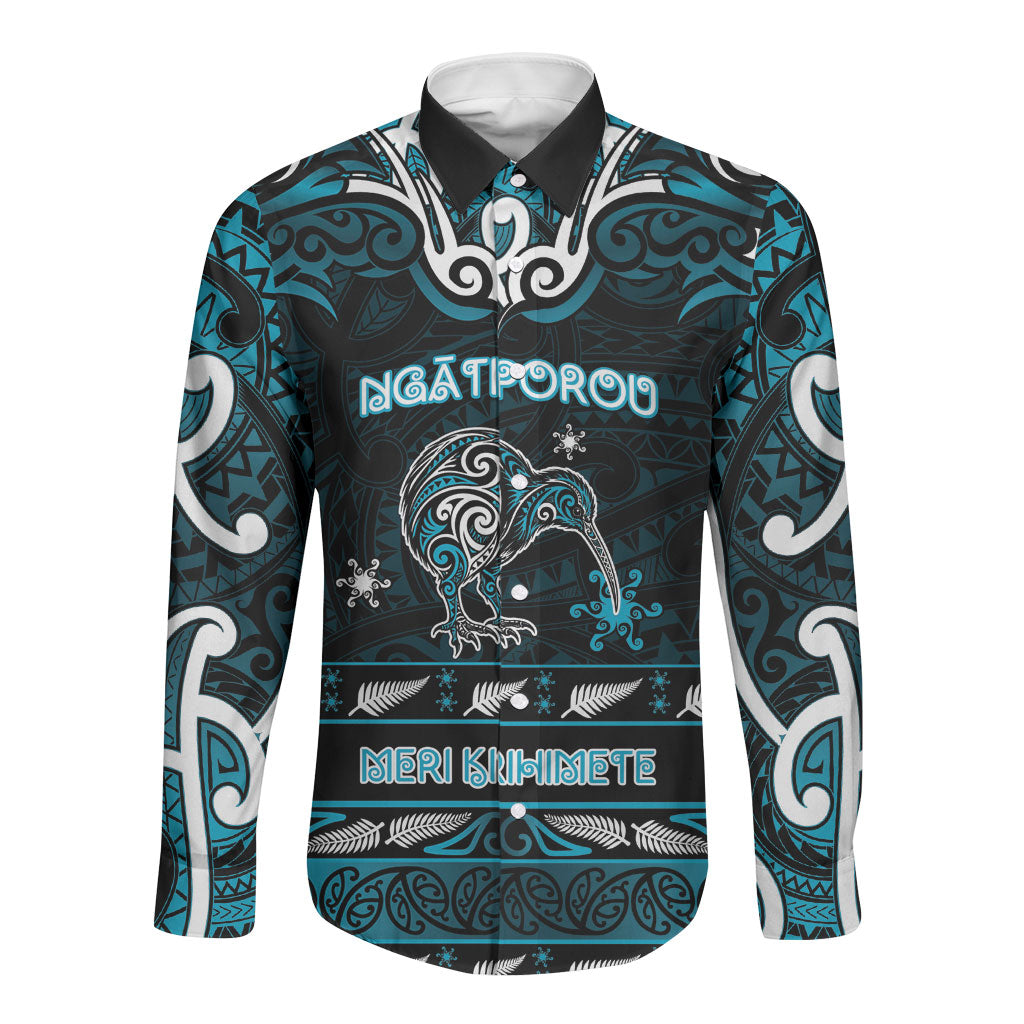 Personalised Ngati Porou Aotearoa Meri Kirihimete Long Sleeve Button Shirt Maori Kiwi Bird Silver Fern Koru Pattern