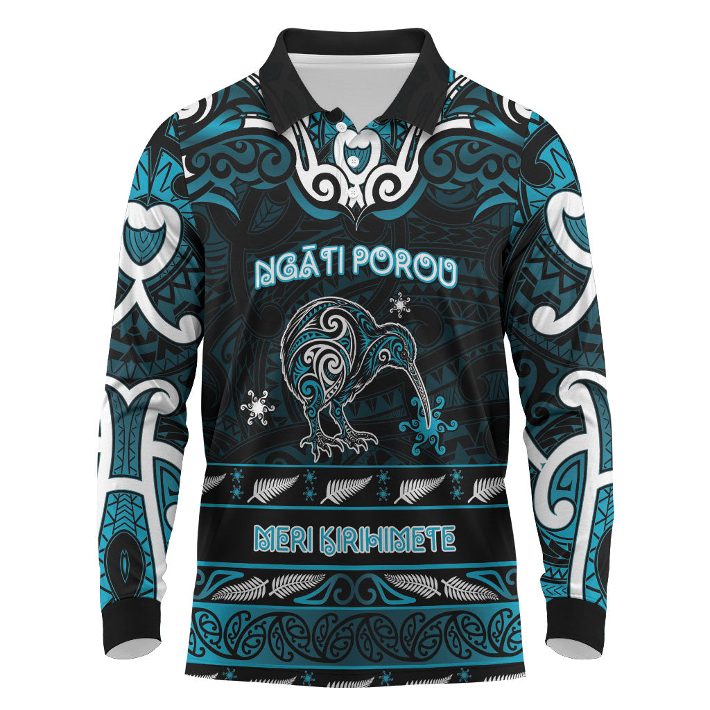 Personalised Ngati Porou Aotearoa Meri Kirihimete Long Sleeve Polo Shirt Maori Kiwi Bird Silver Fern Koru Pattern