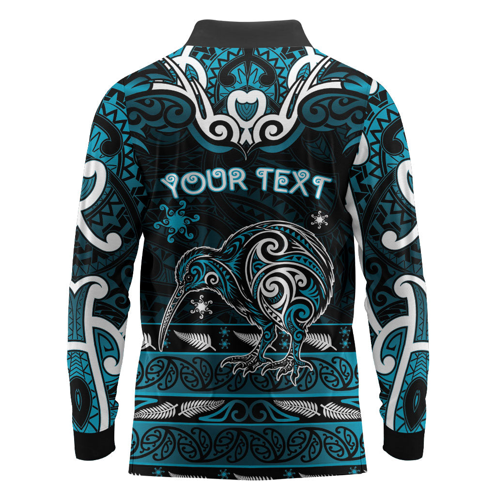 Personalised Ngati Porou Aotearoa Meri Kirihimete Long Sleeve Polo Shirt Maori Kiwi Bird Silver Fern Koru Pattern