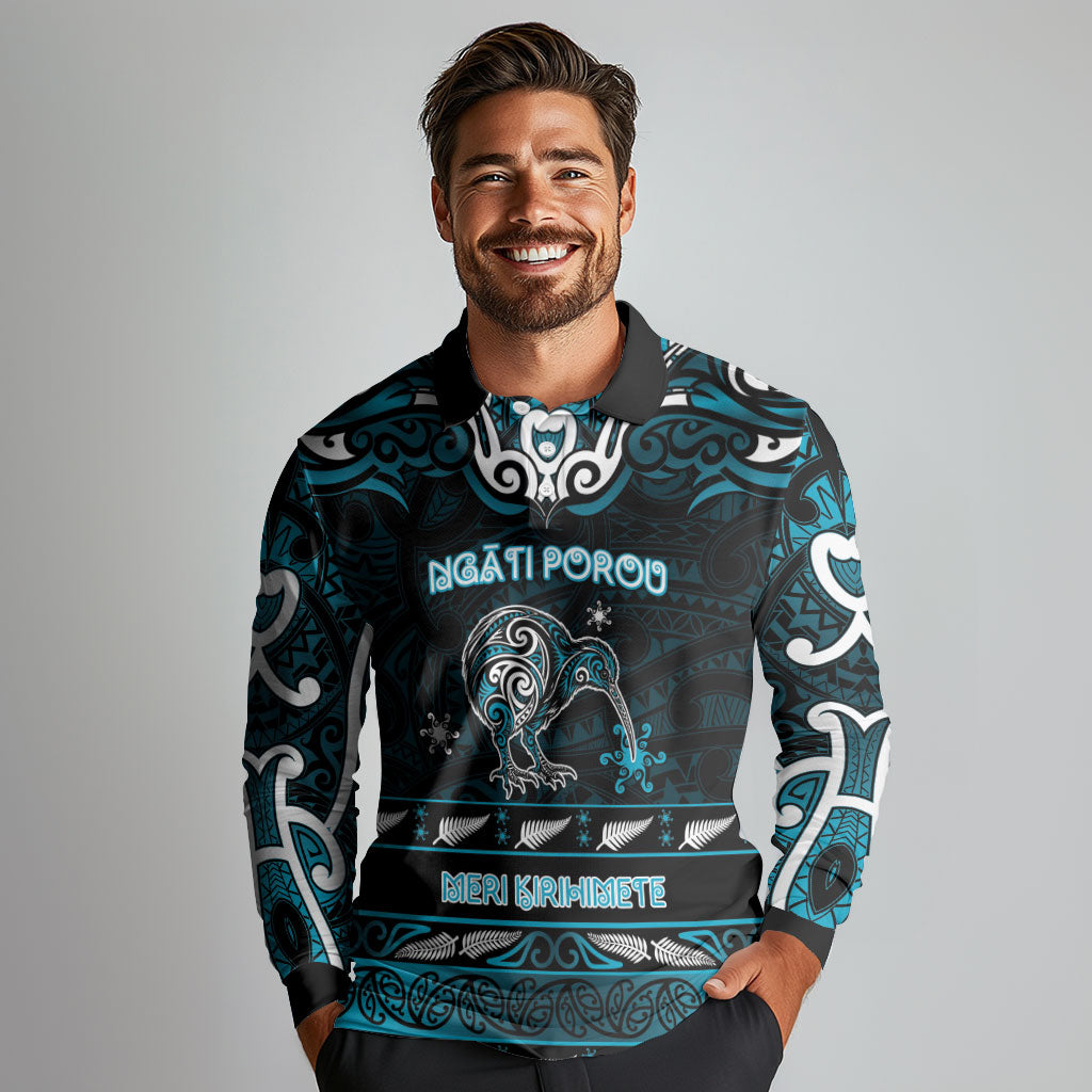 Personalised Ngati Porou Aotearoa Meri Kirihimete Long Sleeve Polo Shirt Maori Kiwi Bird Silver Fern Koru Pattern