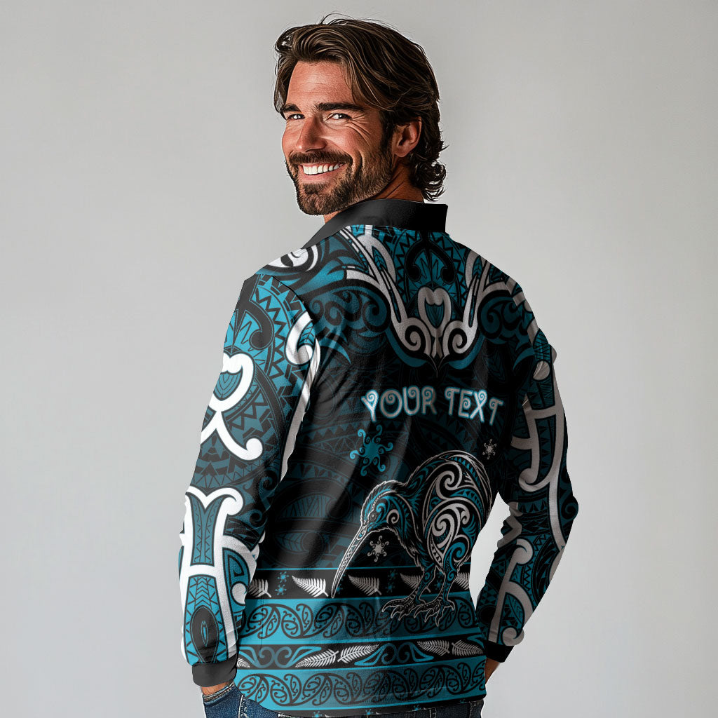 Personalised Ngati Porou Aotearoa Meri Kirihimete Long Sleeve Polo Shirt Maori Kiwi Bird Silver Fern Koru Pattern