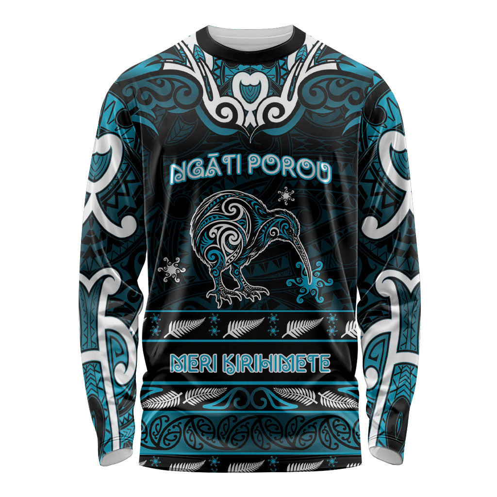 Personalised Ngati Porou Aotearoa Meri Kirihimete Long Sleeve Shirt Maori Kiwi Bird Silver Fern Koru Pattern