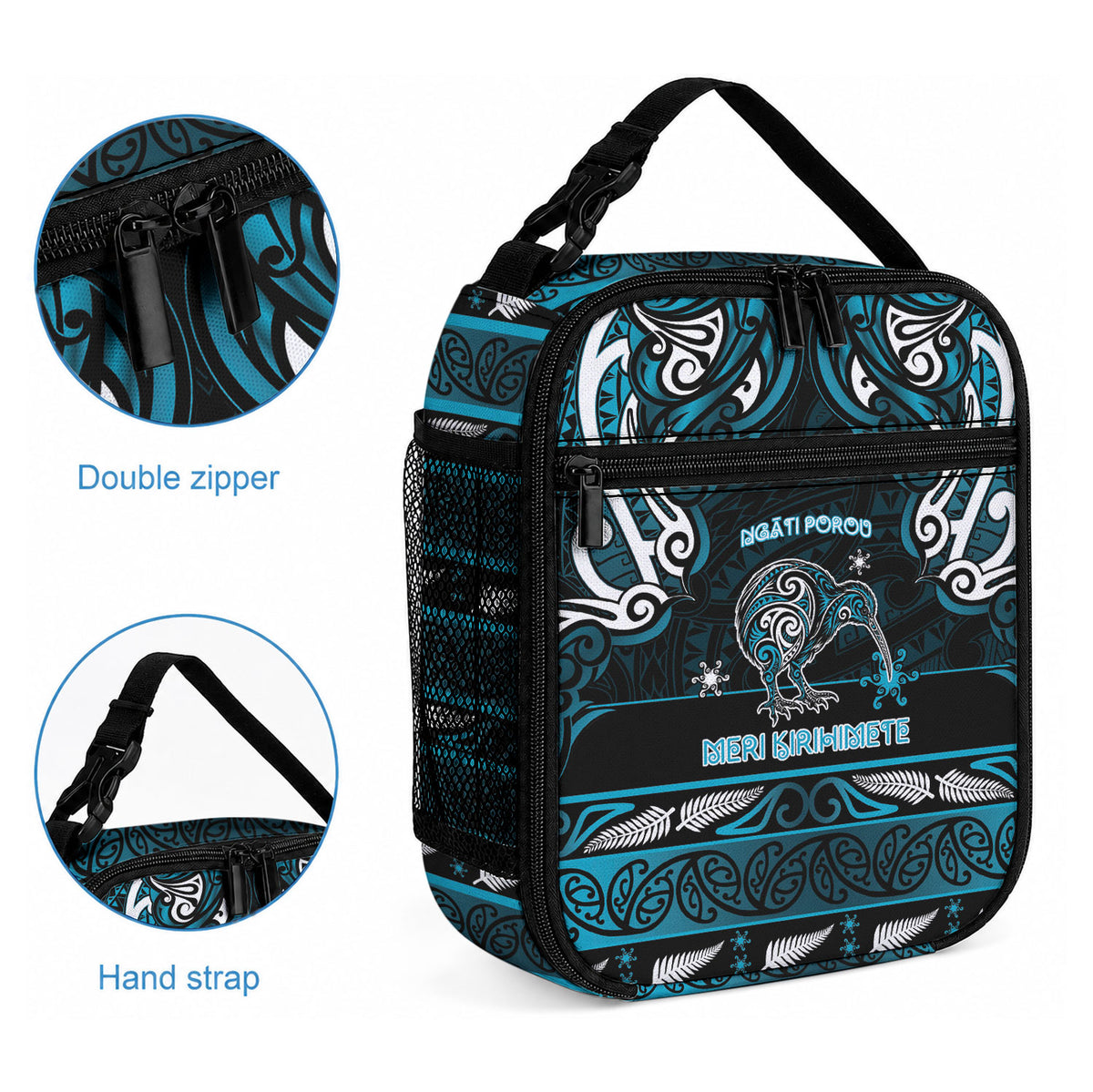 Ngati Porou Aotearoa Meri Kirihimete Lunch Bag Maori Kiwi Bird Silver Fern Koru Pattern