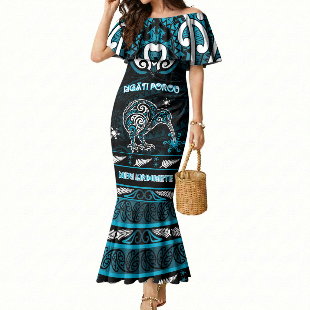 Personalised Ngati Porou Aotearoa Meri Kirihimete Mermaid Dress Maori Kiwi Bird Silver Fern Koru Pattern
