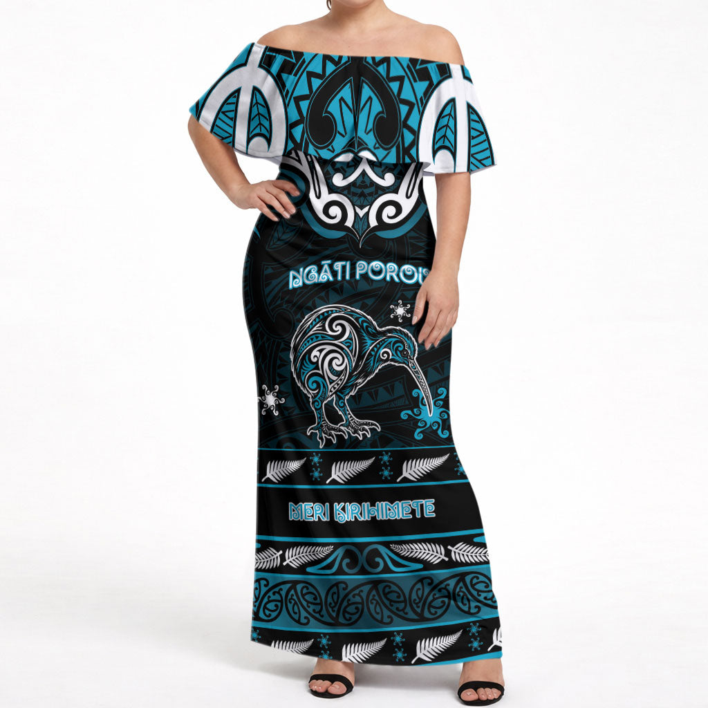 Personalised Ngati Porou Aotearoa Meri Kirihimete Off Shoulder Maxi Dress Maori Kiwi Bird Silver Fern Koru Pattern