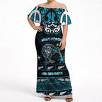 Personalised Ngati Porou Aotearoa Meri Kirihimete Off Shoulder Maxi Dress Maori Kiwi Bird Silver Fern Koru Pattern