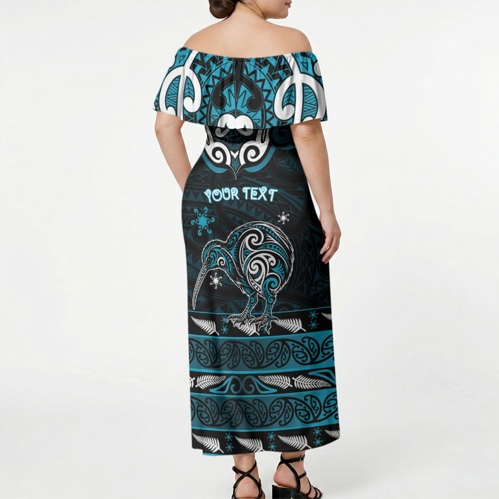 Personalised Ngati Porou Aotearoa Meri Kirihimete Off Shoulder Maxi Dress Maori Kiwi Bird Silver Fern Koru Pattern