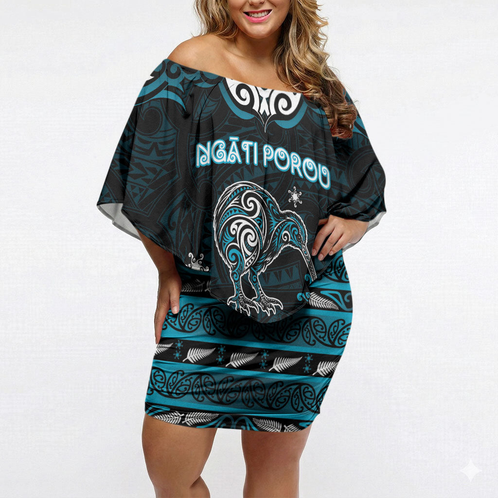 Personalised Ngati Porou Aotearoa Meri Kirihimete Off Shoulder Short Dress Maori Kiwi Bird Silver Fern Koru Pattern