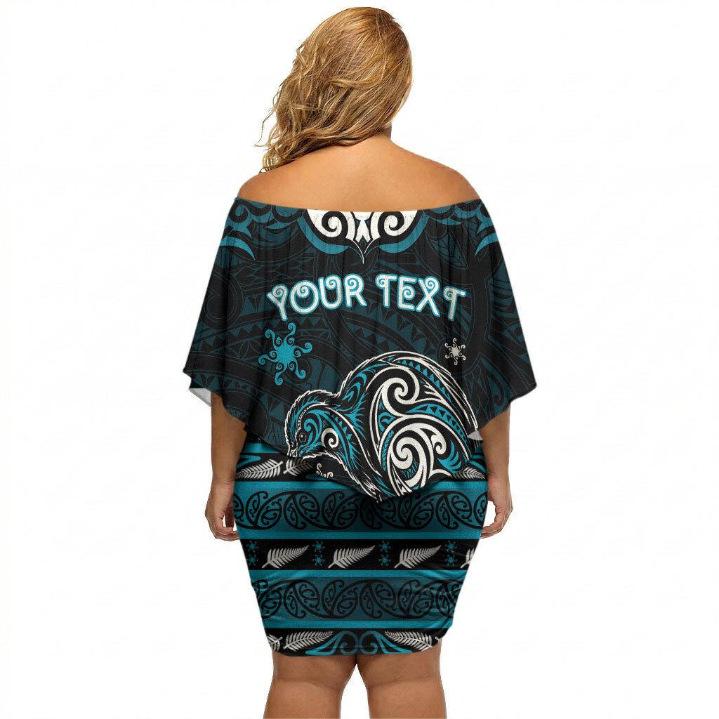 Personalised Ngati Porou Aotearoa Meri Kirihimete Off Shoulder Short Dress Maori Kiwi Bird Silver Fern Koru Pattern