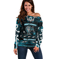 Personalised Ngati Porou Aotearoa Meri Kirihimete Off Shoulder Sweater Maori Kiwi Bird Silver Fern Koru Pattern