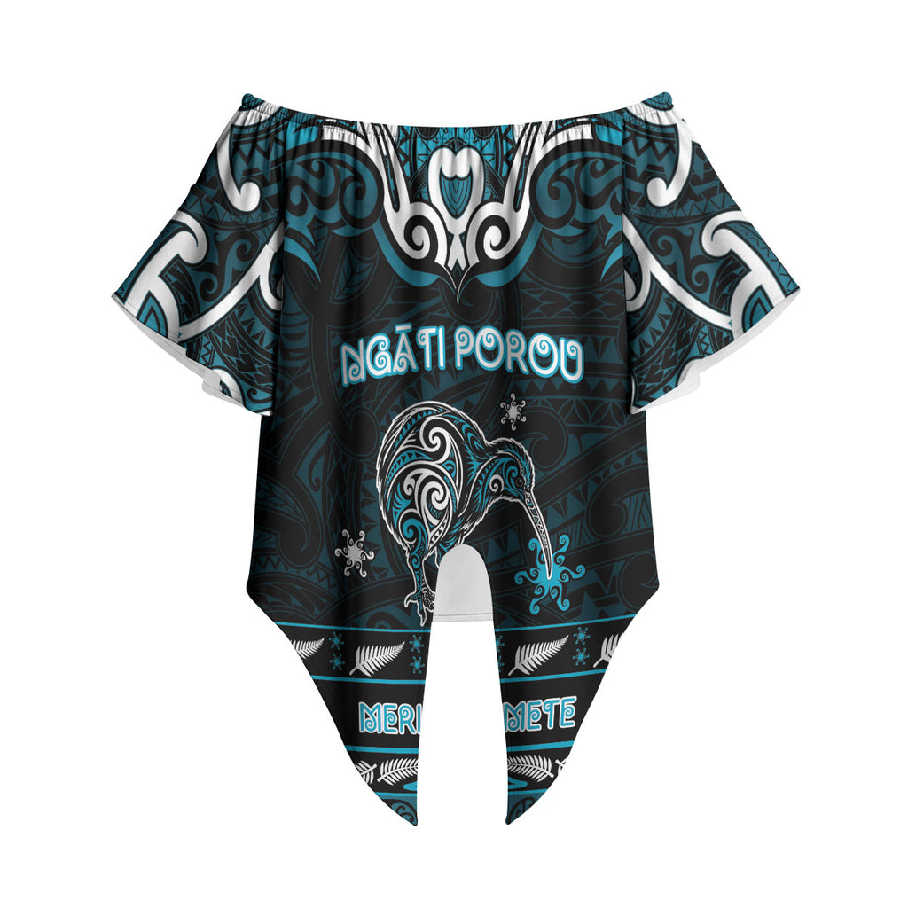 Personalised Ngati Porou Aotearoa Meri Kirihimete Off Shoulder Wrap Waist Top Maori Kiwi Bird Silver Fern Koru Pattern