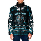 Personalised Ngati Porou Aotearoa Meri Kirihimete Padded Jacket Maori Kiwi Bird Silver Fern Koru Pattern