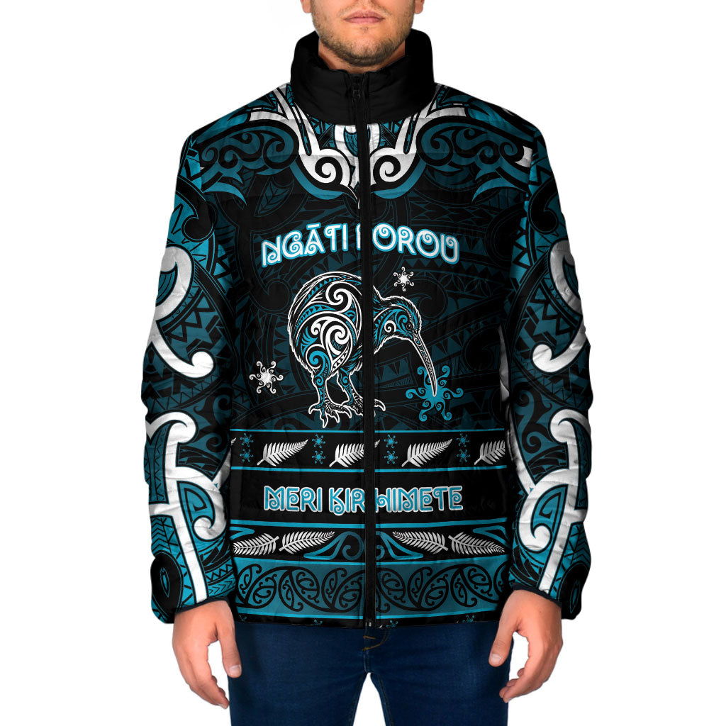 Personalised Ngati Porou Aotearoa Meri Kirihimete Padded Jacket Maori Kiwi Bird Silver Fern Koru Pattern