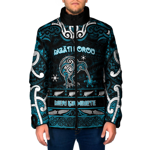 Personalised Ngati Porou Aotearoa Meri Kirihimete Padded Jacket Maori Kiwi Bird Silver Fern Koru Pattern