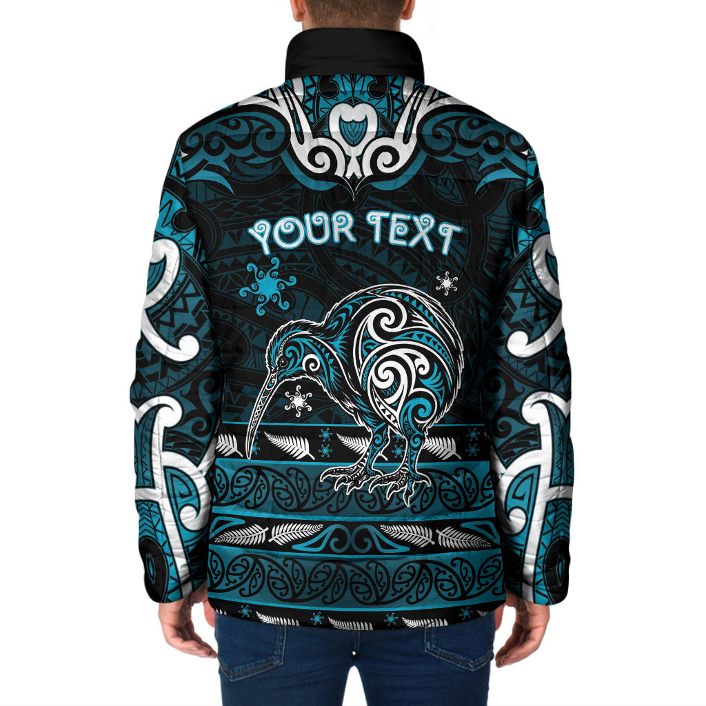 Personalised Ngati Porou Aotearoa Meri Kirihimete Padded Jacket Maori Kiwi Bird Silver Fern Koru Pattern