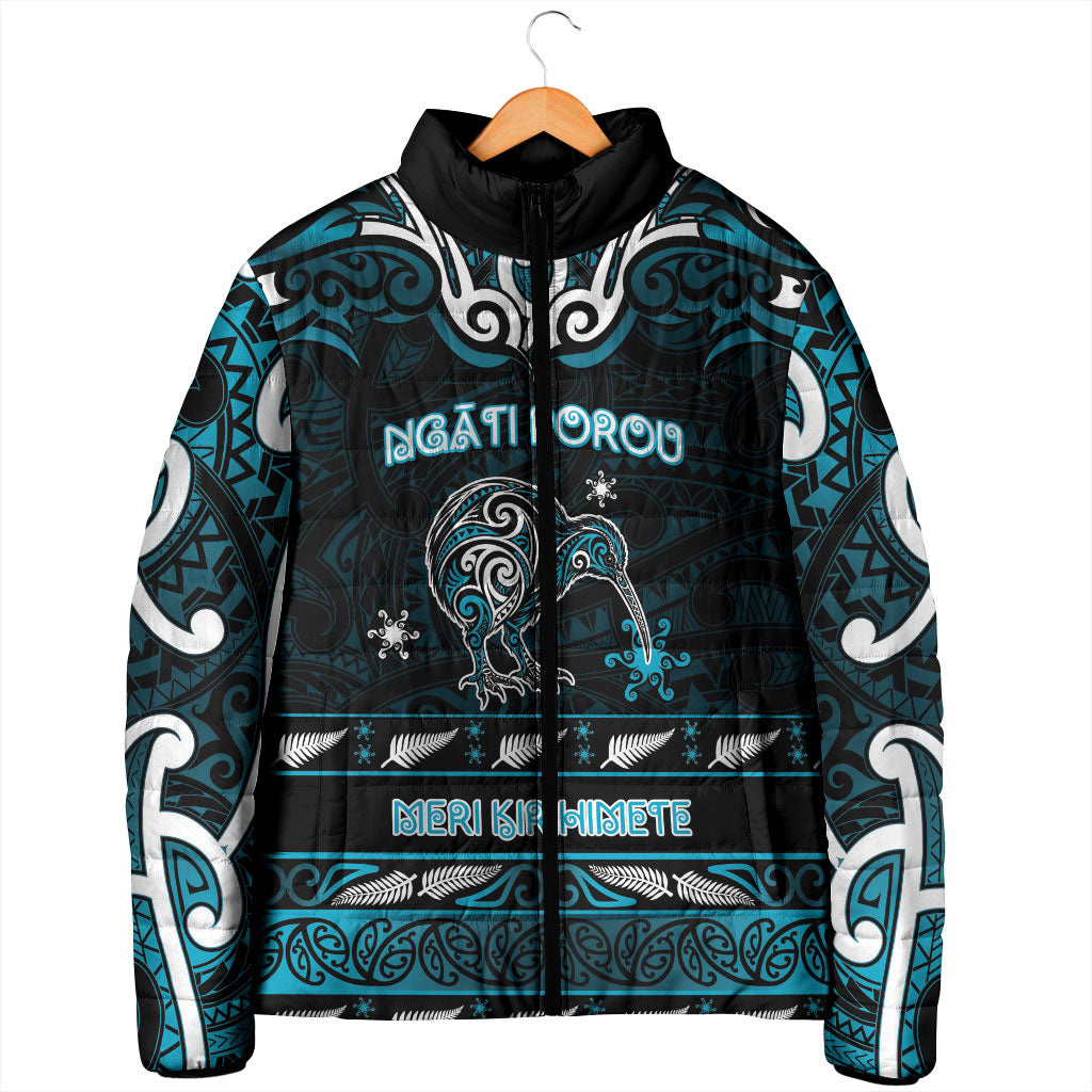 Personalised Ngati Porou Aotearoa Meri Kirihimete Padded Jacket Maori Kiwi Bird Silver Fern Koru Pattern