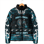 Personalised Ngati Porou Aotearoa Meri Kirihimete Padded Jacket Maori Kiwi Bird Silver Fern Koru Pattern